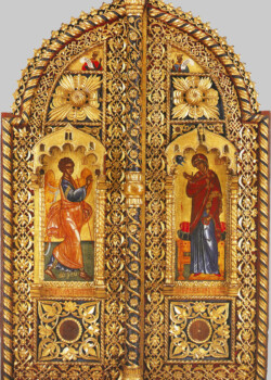 Благовещение (царские врата); Греция. Афон; XVII в.; местонахождение Греция. Афон, монастырь Хиландар; Местоположение Иконостас Благовещение (царские врата); Греция. Афон; XVII в.; местонахождение Греция. Афон, монастырь Хиландар; Местоположение Иконостас