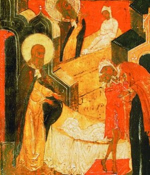 Воскрешение сына сарептской вдовы. Клеймо иконы «Прор. Илия, с житием». 1664 г. (ГМЗРК) Воскрешение сына сарептской вдовы. Клеймо иконы «Прор. Илия, с житием». 1664 г. (ГМЗРК)